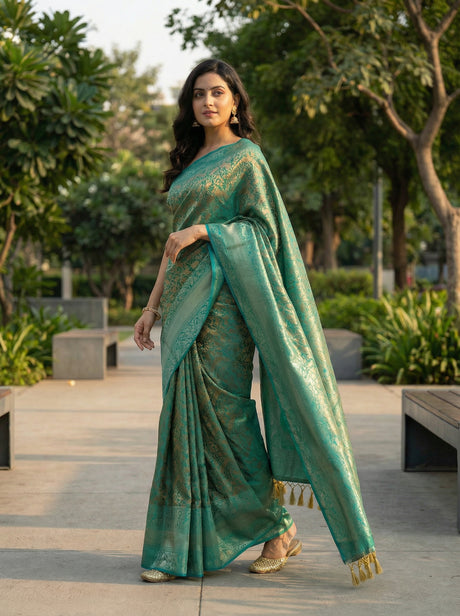 MIMOSA Women's Woven Design Banarasi Style Art Silk  Saree with Blouse Piece - Saffire ( SA00003132SFFREE )