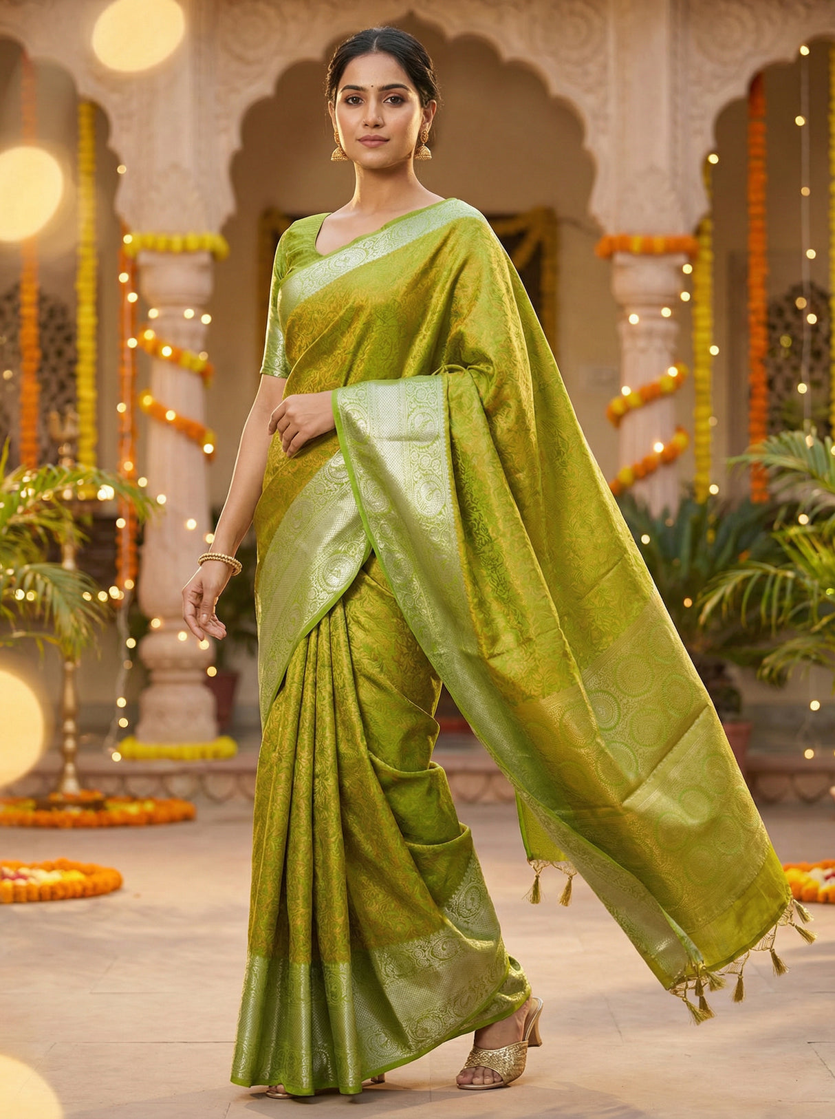 MIMOSA Women's Woven Design Banarasi Style Art Silk  Saree with Blouse Piece - Olive ( SA00003133OLFREE )