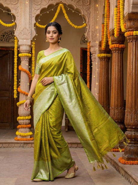 MIMOSA Women's Woven Design Banarasi Style Art Silk  Saree with Blouse Piece - Olive ( SA00003133OLFREE )