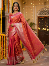 MIMOSA Women's Woven Design Banarasi Style Art Silk  Saree with Blouse Piece - Rani ( SA00003133RNFREE )
