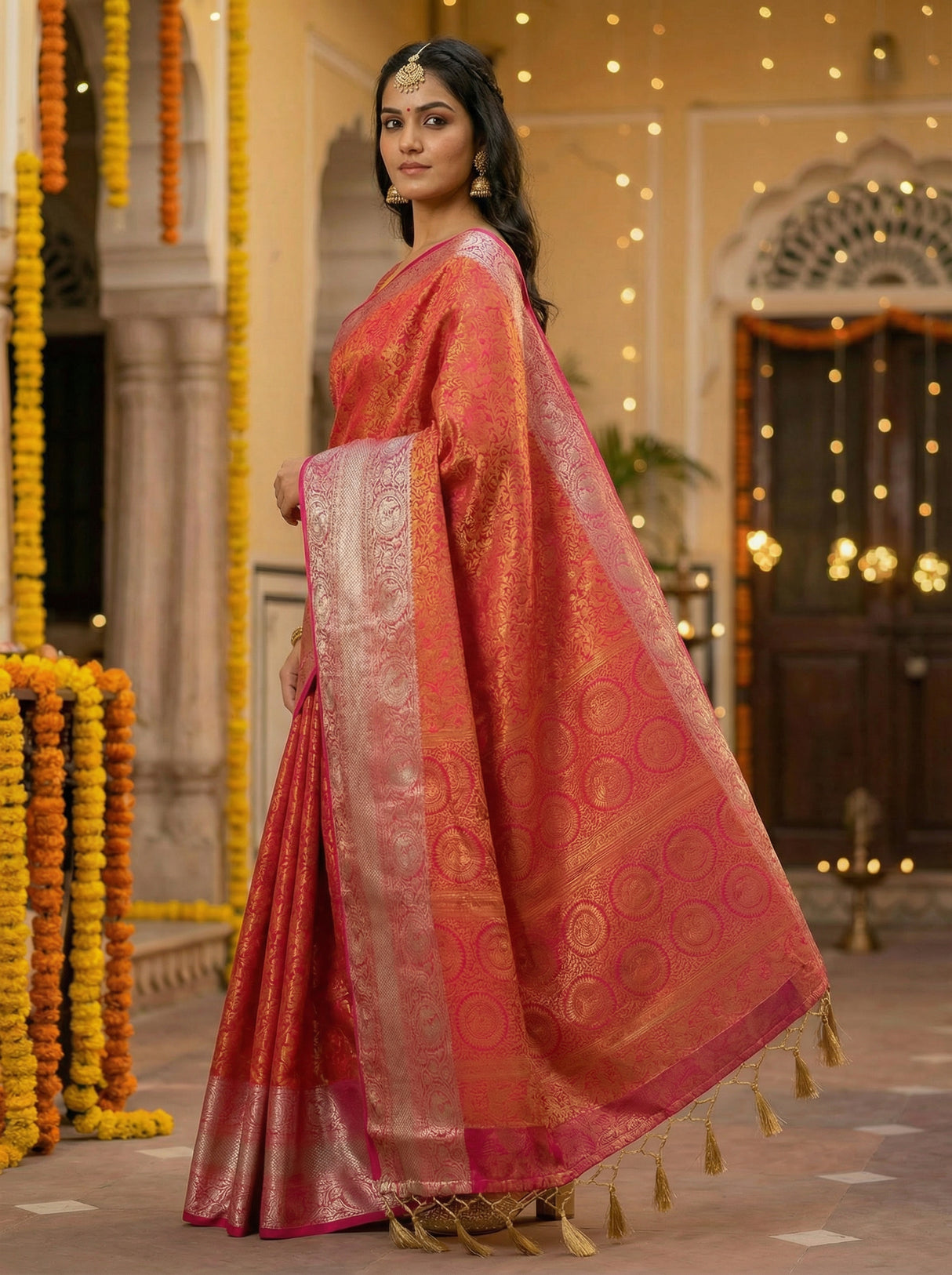 MIMOSA Women's Woven Design Banarasi Style Art Silk  Saree with Blouse Piece - Rani ( SA00003133RNFREE )