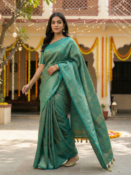 MIMOSA Women's Woven Design Banarasi Style Art Silk  Saree with Blouse Piece - Saffire ( SA00003133SFFREE )