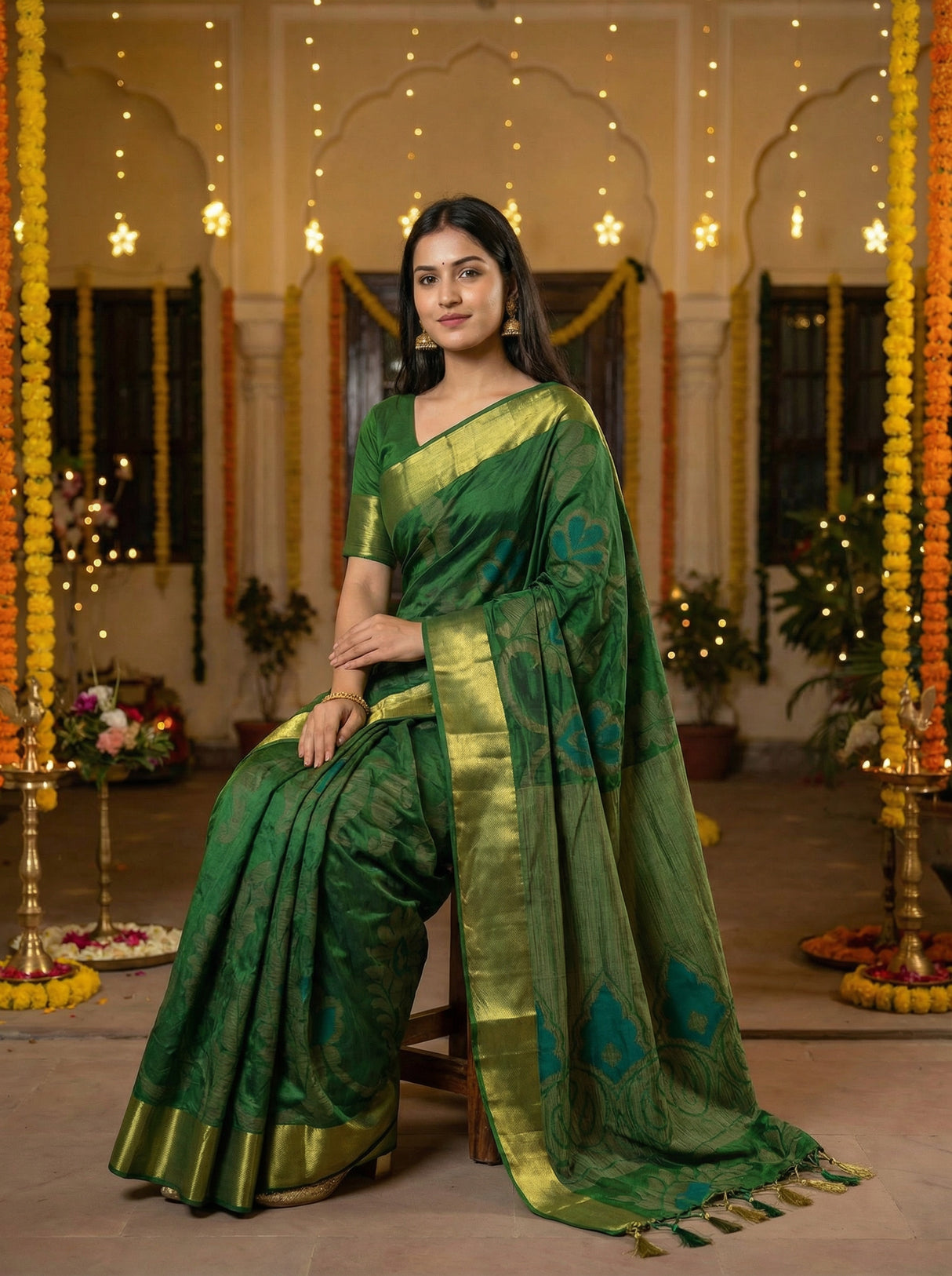 MIMOSA Women's Woven Design Mysore Silk Style Crepe Saree with Blouse Piece - Green ( SA00003135GRNFREE )