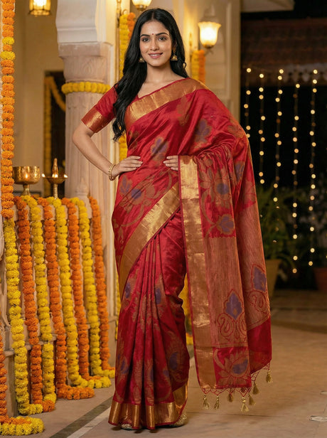 MIMOSA Women's Woven Design Mysore Silk Style Crepe Saree with Blouse Piece - Maroon ( SA00003135MRFREE )