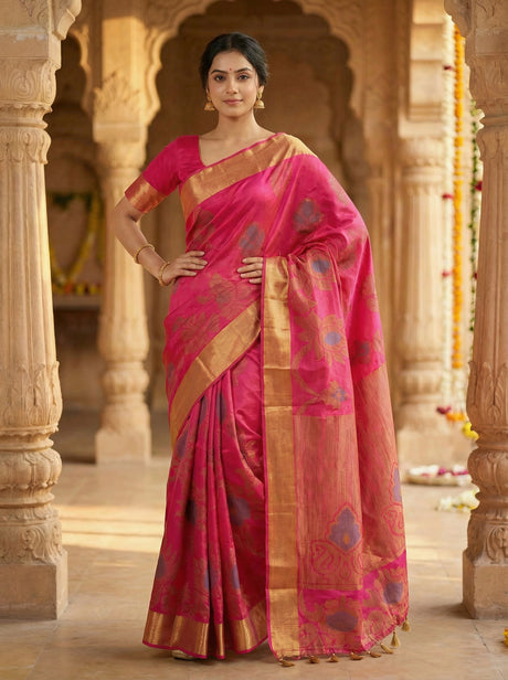 MIMOSA Women's Woven Design Mysore Silk Style Crepe Saree with Blouse Piece - Rani ( SA00003135RNFREE )