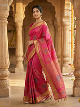 MIMOSA Women's Woven Design Mysore Silk Style Crepe Saree with Blouse Piece - Rani ( SA00003135RNFREE )