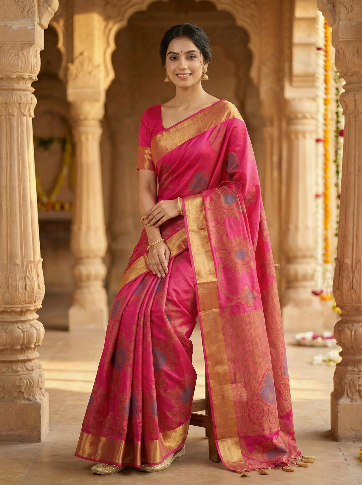 MIMOSA Women's Woven Design Mysore Silk Style Crepe Saree with Blouse Piece - Rani ( SA00003135RNFREE )