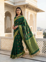 MIMOSA Women's Woven Design Banarasi Style Raw Silk Saree with Blouse Piece - Green ( SA00003136GRNFREE )