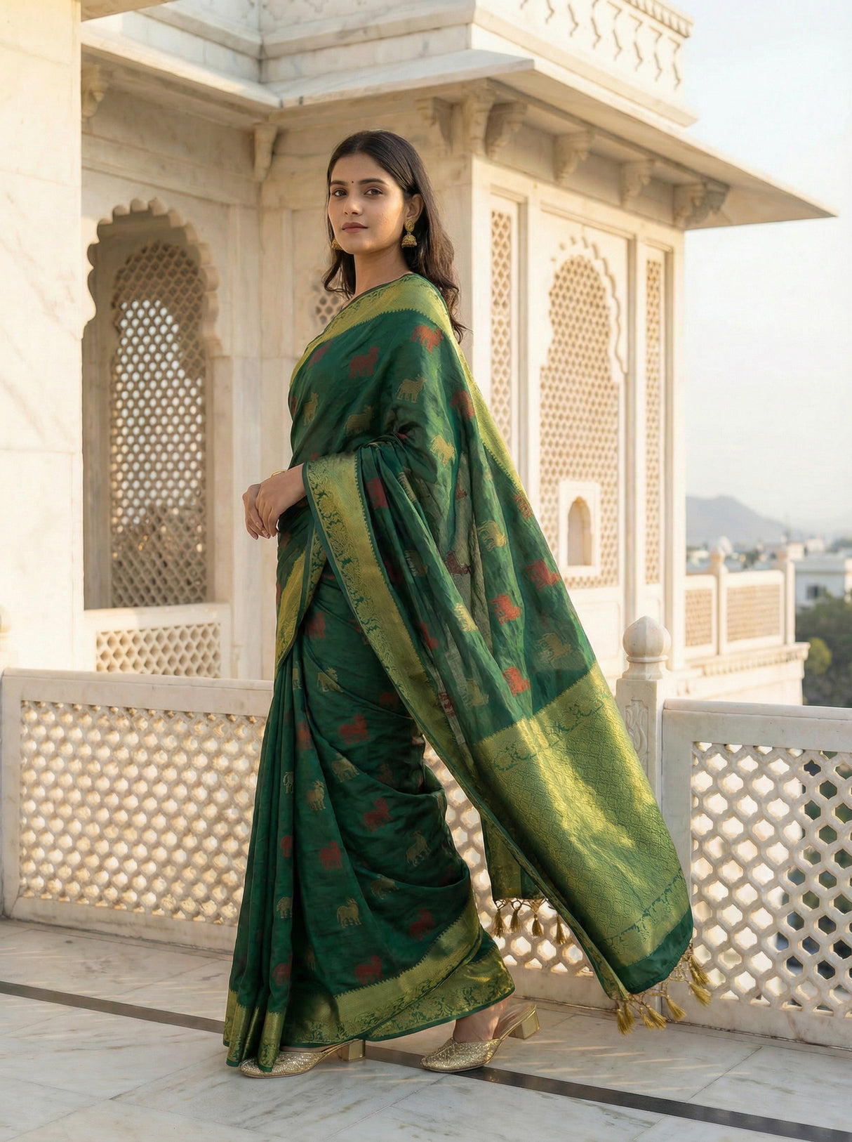 MIMOSA Women's Woven Design Banarasi Style Raw Silk Saree with Blouse Piece - Green ( SA00003136GRNFREE )