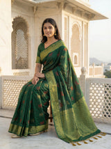 MIMOSA Women's Woven Design Banarasi Style Raw Silk Saree with Blouse Piece - Green ( SA00003136GRNFREE )