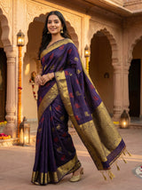 MIMOSA Women's Woven Design Banarasi Style Raw Silk Saree with Blouse Piece - Navy ( SA00003136NVFREE )