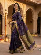MIMOSA Women's Woven Design Banarasi Style Raw Silk Saree with Blouse Piece - Navy ( SA00003136NVFREE )