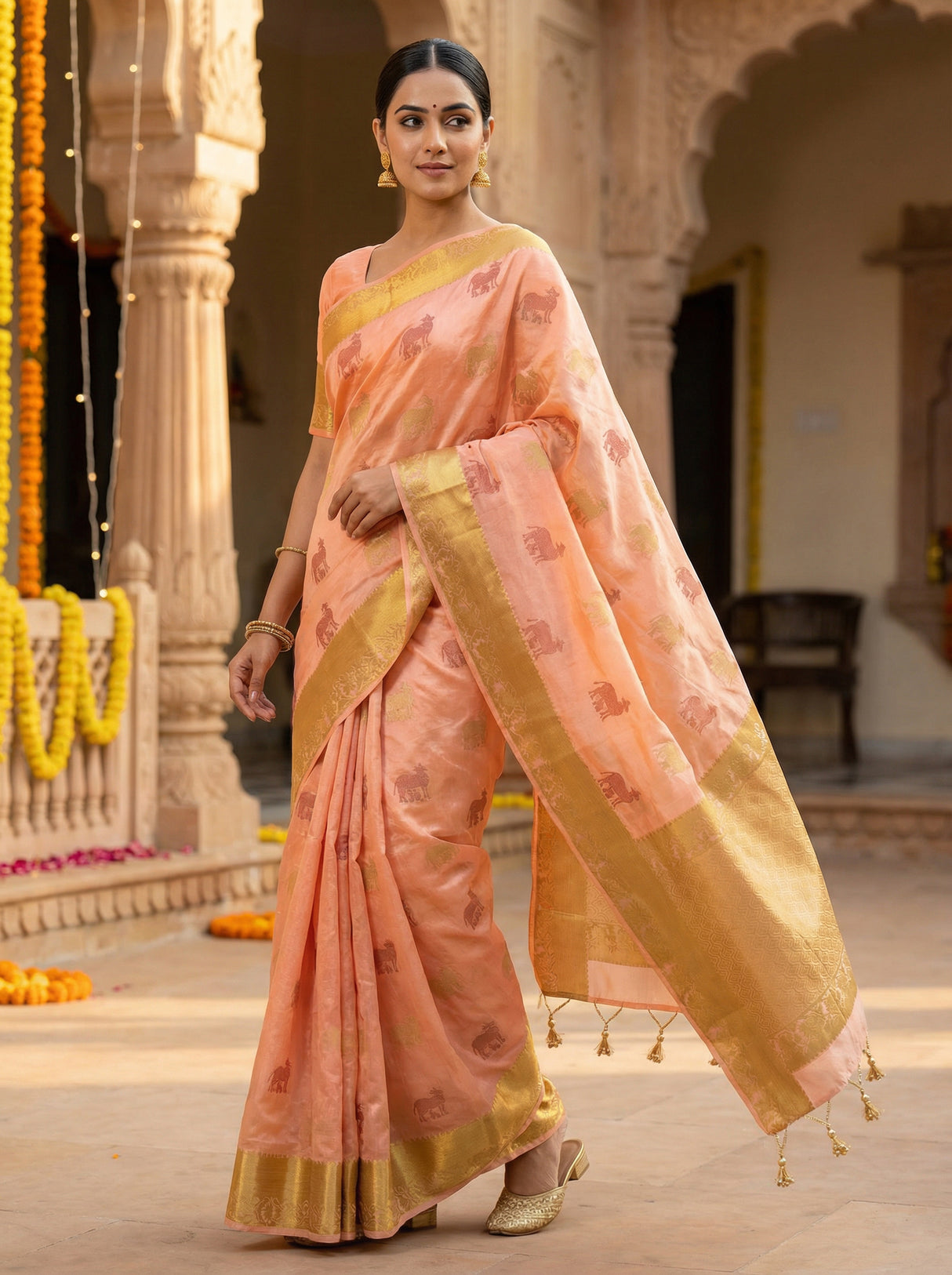 MIMOSA Women's Woven Design Banarasi Style Raw Silk Saree with Blouse Piece - Peach ( SA00003136PCFREE )