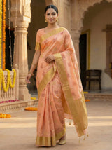 MIMOSA Women's Woven Design Banarasi Style Raw Silk Saree with Blouse Piece - Peach ( SA00003136PCFREE )