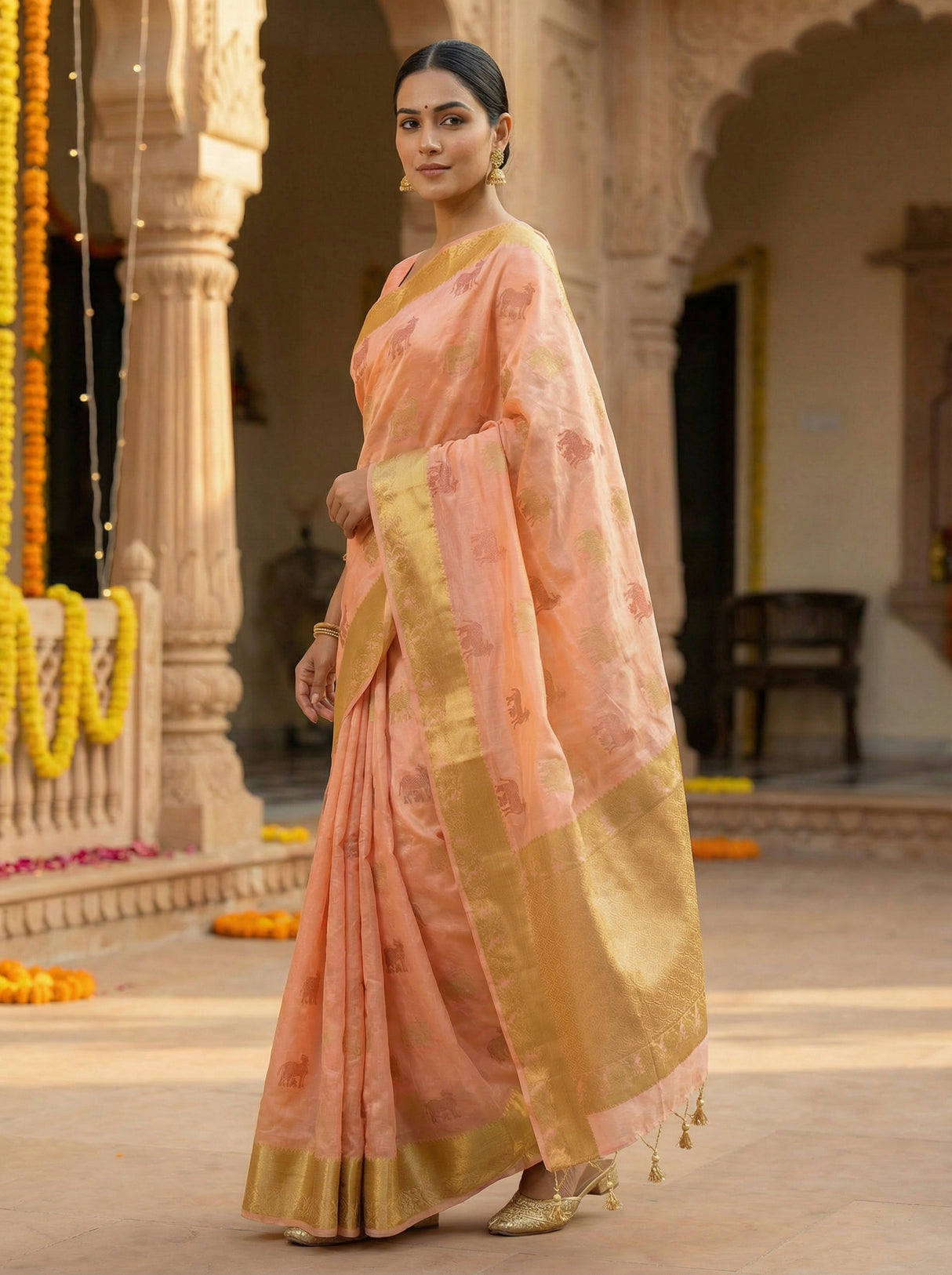 MIMOSA Women's Woven Design Banarasi Style Raw Silk Saree with Blouse Piece - Peach ( SA00003136PCFREE )