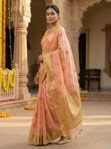 MIMOSA Women's Woven Design Banarasi Style Raw Silk Saree with Blouse Piece - Peach ( SA00003136PCFREE )