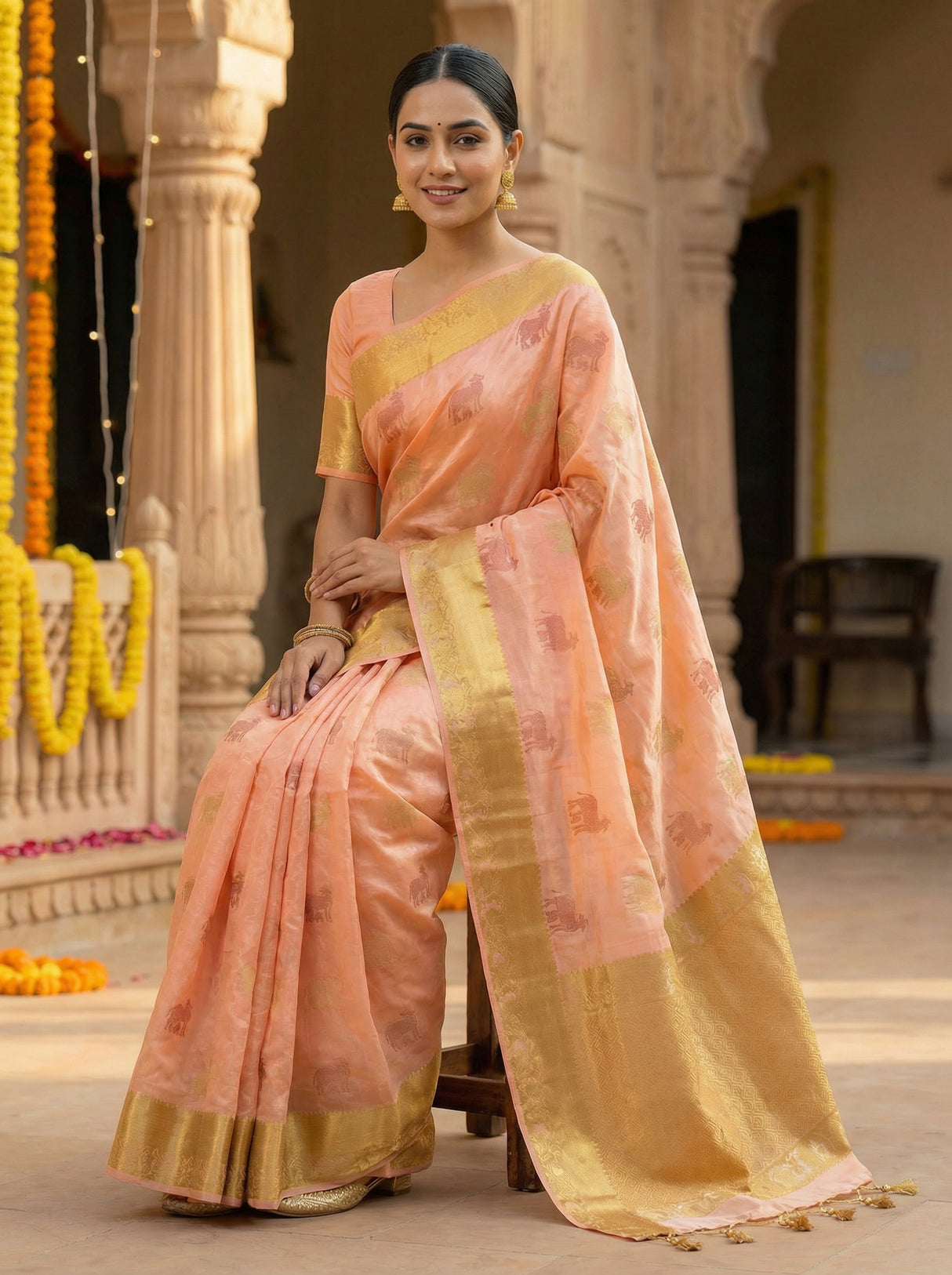 MIMOSA Women's Woven Design Banarasi Style Raw Silk Saree with Blouse Piece - Peach ( SA00003136PCFREE )