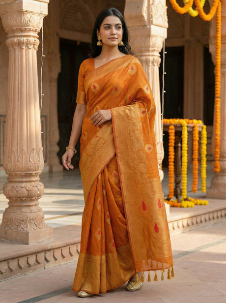 MIMOSA Women's Woven Design Banarasi Style dola silk Saree with Blouse Piece - Mustard ( SA00003137MSFREE )