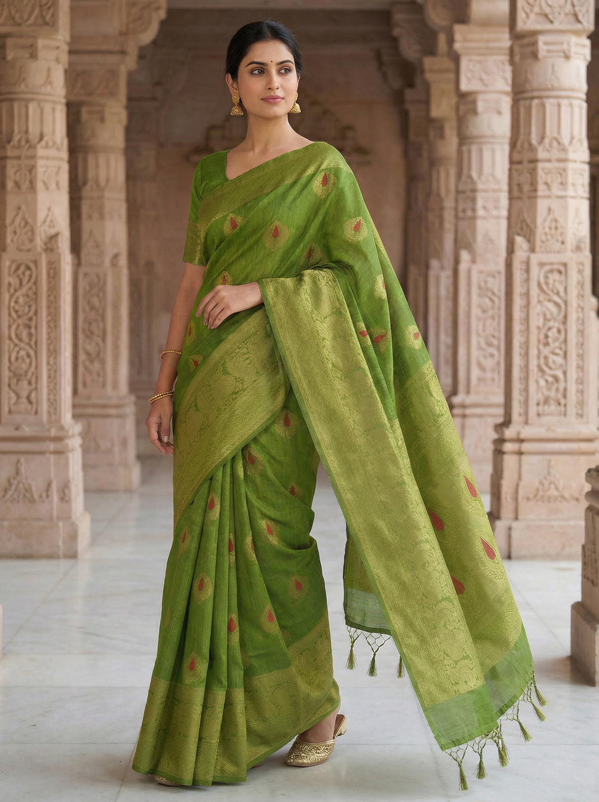 MIMOSA Women's Woven Design Banarasi Style dola silk Saree with Blouse Piece - Olive ( SA00003137OLFREE )