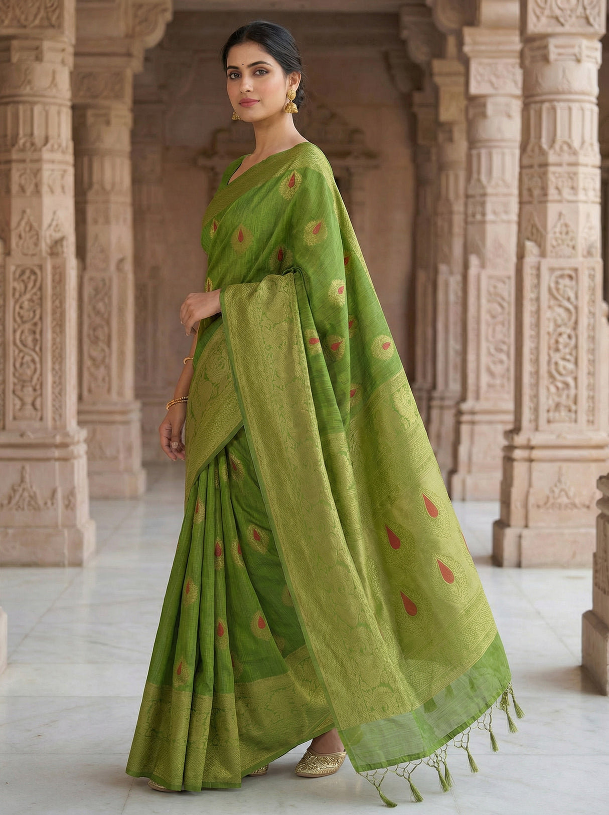 MIMOSA Women's Woven Design Banarasi Style dola silk Saree with Blouse Piece - Olive ( SA00003137OLFREE )