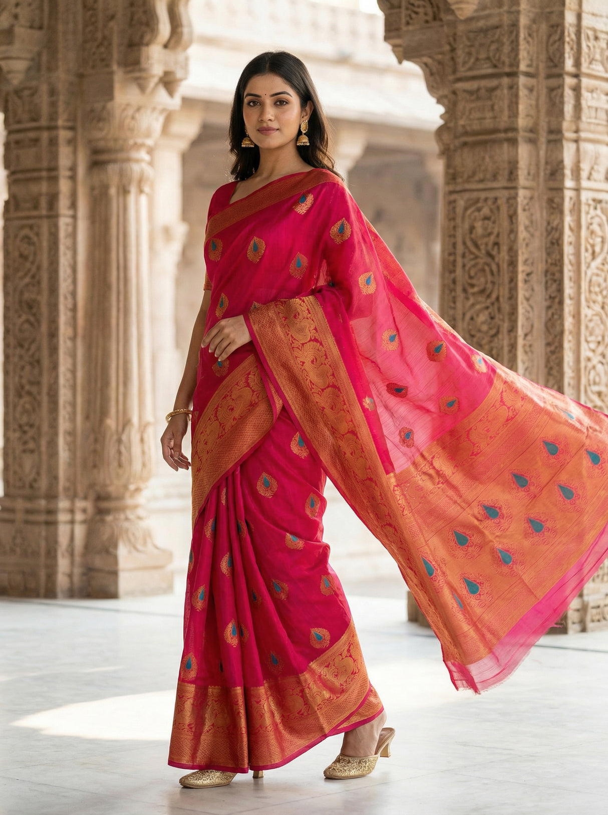 MIMOSA Women's Woven Design Banarasi Style dola silk Saree with Blouse Piece - Rani ( SA00003137RNFREE )