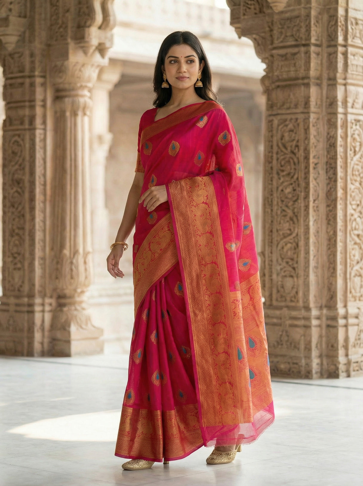 MIMOSA Women's Woven Design Banarasi Style dola silk Saree with Blouse Piece - Rani ( SA00003137RNFREE )