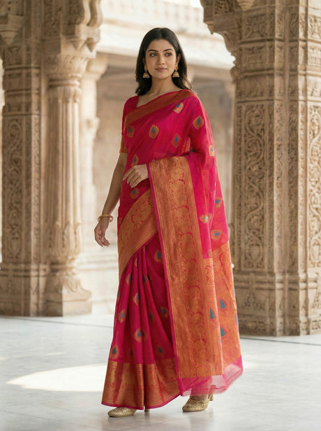 MIMOSA Women's Woven Design Banarasi Style dola silk Saree with Blouse Piece - Rani ( SA00003137RNFREE )