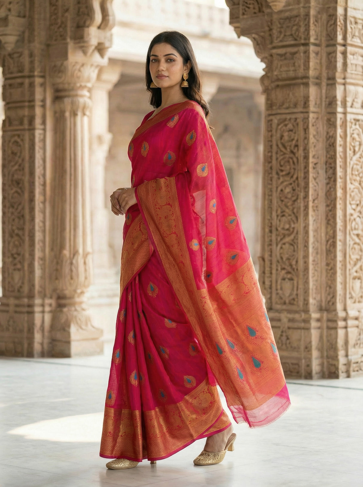 MIMOSA Women's Woven Design Banarasi Style dola silk Saree with Blouse Piece - Rani ( SA00003137RNFREE )