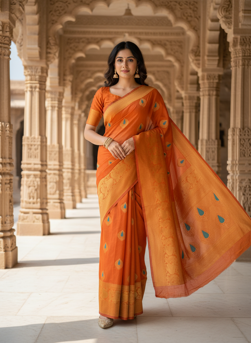 MIMOSA Women's Woven Design Banarasi Style dola silk Saree with Blouse Piece - Rust ( SA00003137RSFREE )