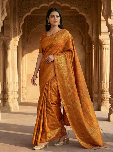 MIMOSA Women's Woven Design Patola Style Raw Silk Saree with Blouse Piece - Mustard ( SA00003138MSFREE )