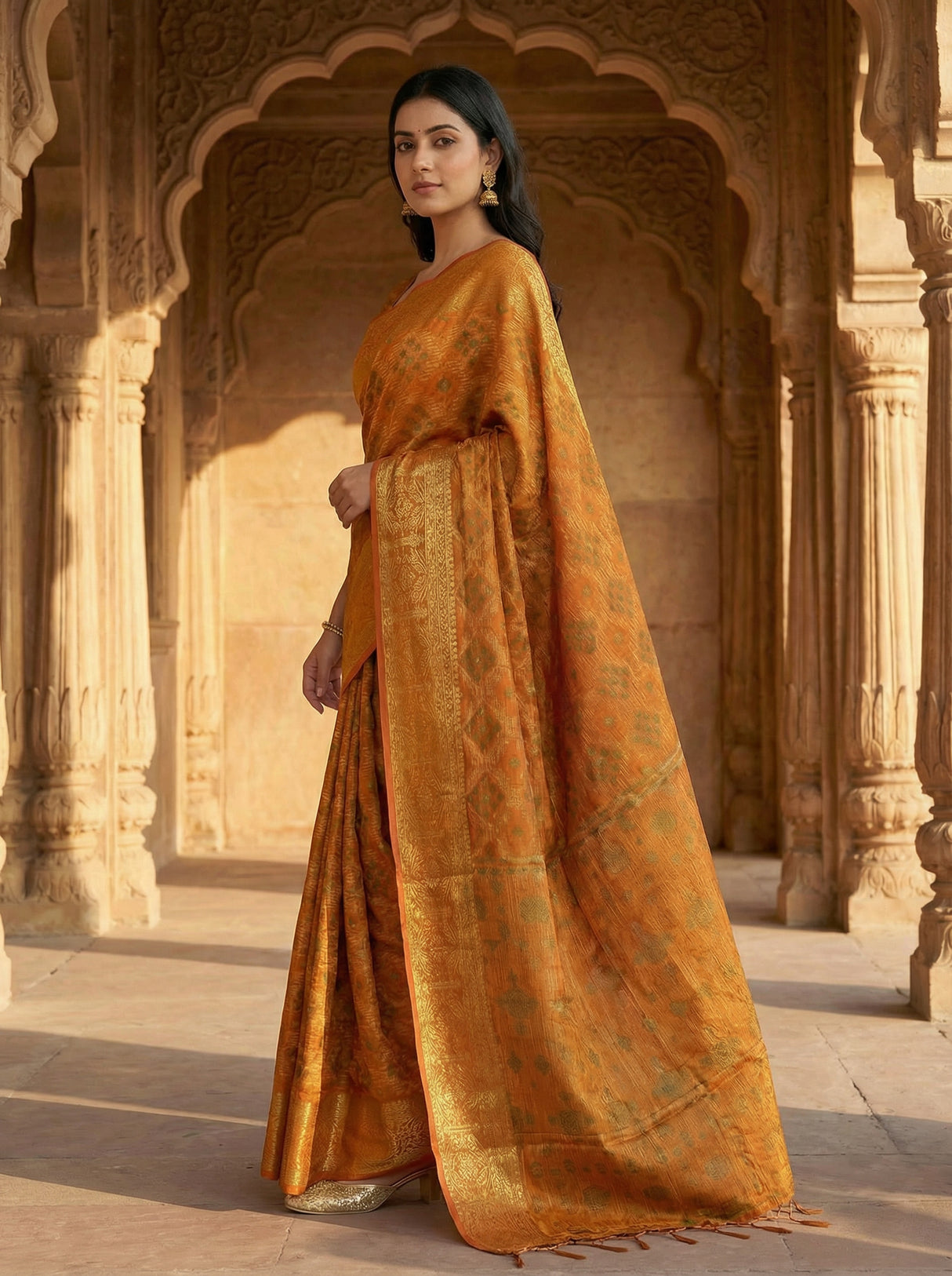 MIMOSA Women's Woven Design Patola Style Raw Silk Saree with Blouse Piece - Mustard ( SA00003138MSFREE )