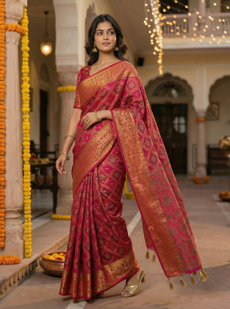 MIMOSA Women's Woven Design Patola Style Raw Silk Saree with Blouse Piece - Rani ( SA00003138RNFREE )