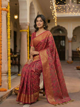 MIMOSA Women's Woven Design Patola Style Raw Silk Saree with Blouse Piece - Rani ( SA00003138RNFREE )