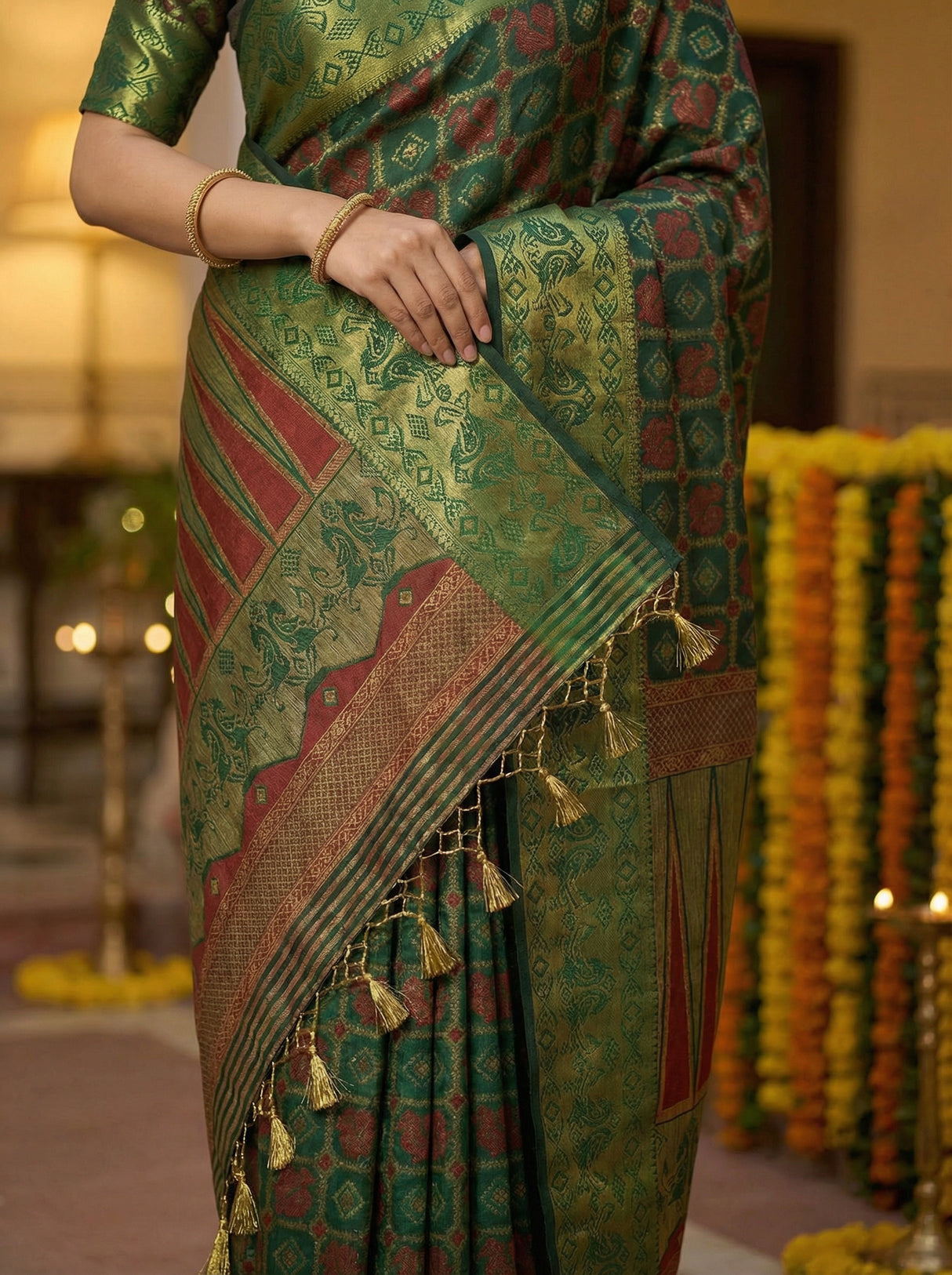 MIMOSA Women's Woven Design Patola Style Raw Silk Saree with Blouse Piece - Green ( SA00003139GRNFREE )