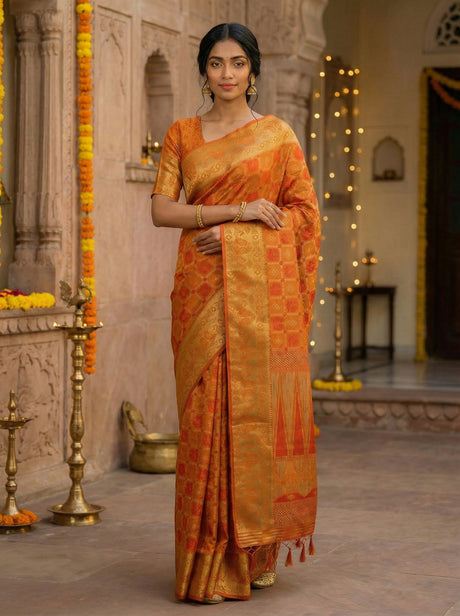 MIMOSA Women's Woven Design Patola Style Raw Silk Saree with Blouse Piece - Mustard ( SA00003139MSFREE )