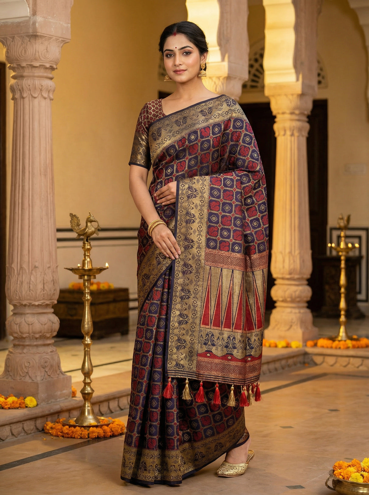 MIMOSA Women's Woven Design Patola Style Raw Silk Saree with Blouse Piece - Navy ( SA00003139NVFREE )