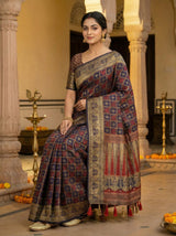MIMOSA Women's Woven Design Patola Style Raw Silk Saree with Blouse Piece - Navy ( SA00003139NVFREE )