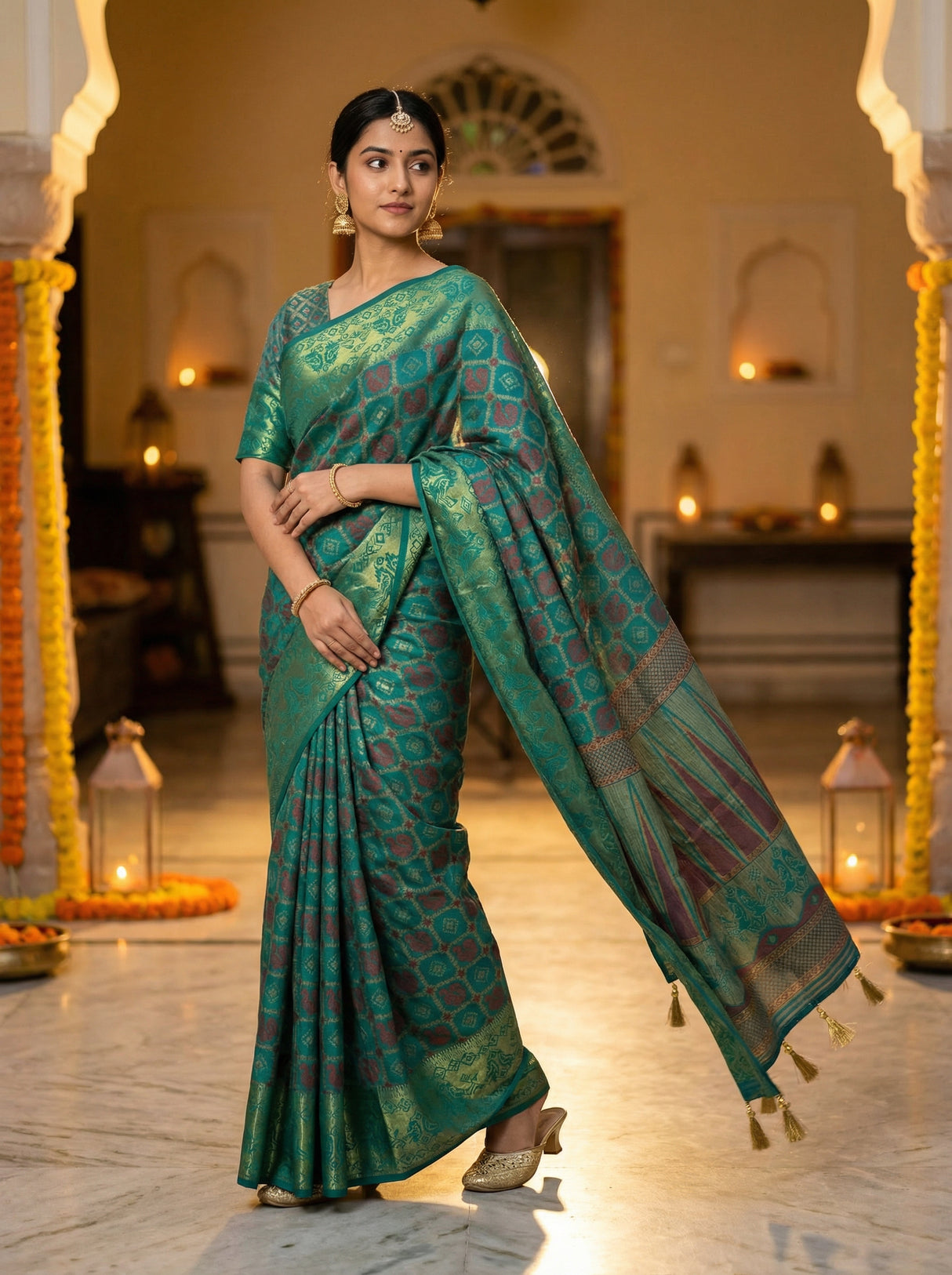 MIMOSA Women's Woven Design Patola Style Raw Silk Saree with Blouse Piece - Rama ( SA00003139RMFREE )