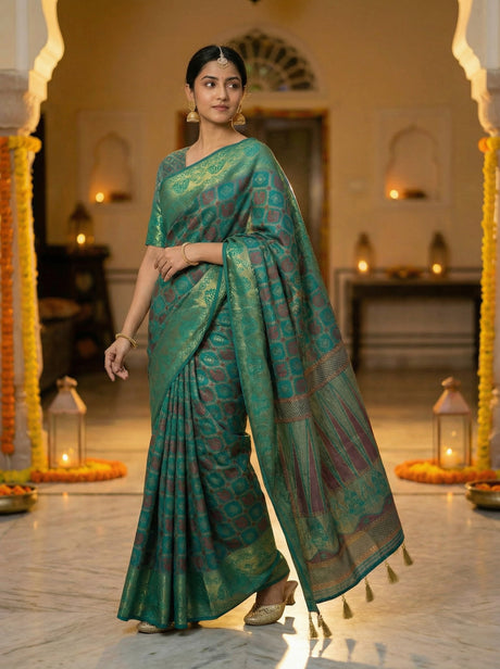 MIMOSA Women's Woven Design Patola Style Raw Silk Saree with Blouse Piece - Rama ( SA00003139RMFREE )