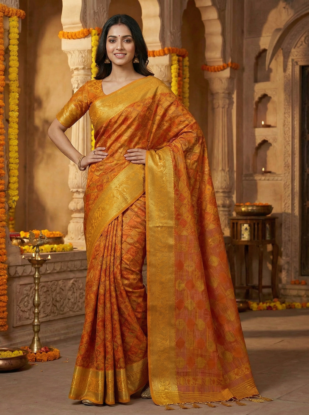 MIMOSA Women's Woven Design Patola Style Raw Silk Saree with Blouse Piece - Mustard ( SA00003140MSFREE )