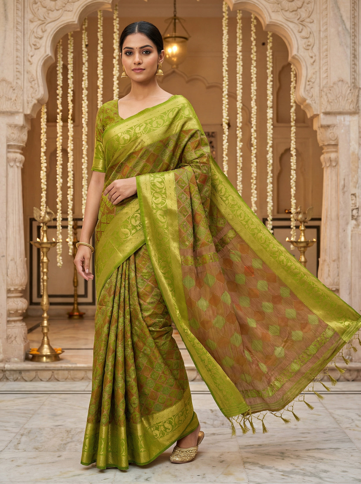 MIMOSA Women's Woven Design Patola Style Raw Silk Saree with Blouse Piece - Olive ( SA00003140OLFREE )