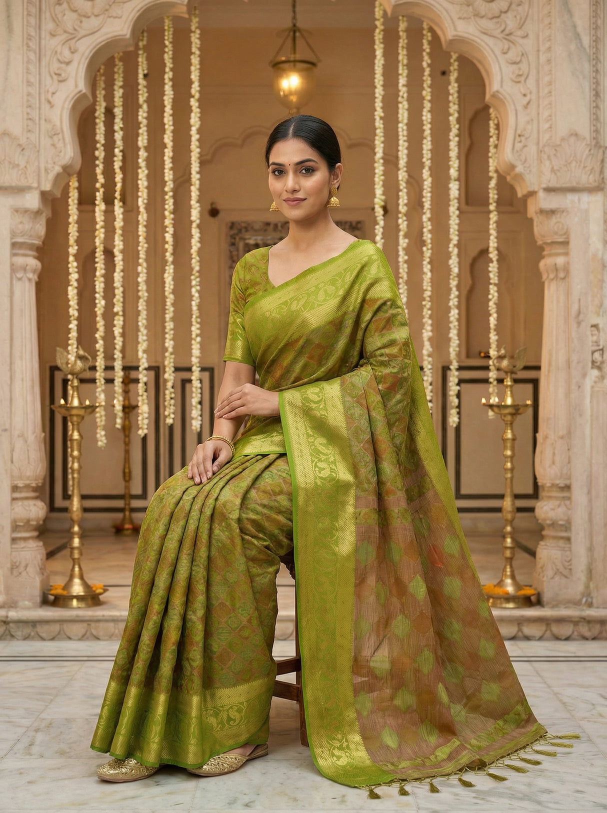 MIMOSA Women's Woven Design Patola Style Raw Silk Saree with Blouse Piece - Olive ( SA00003140OLFREE )