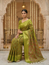 MIMOSA Women's Woven Design Patola Style Raw Silk Saree with Blouse Piece - Olive ( SA00003140OLFREE )
