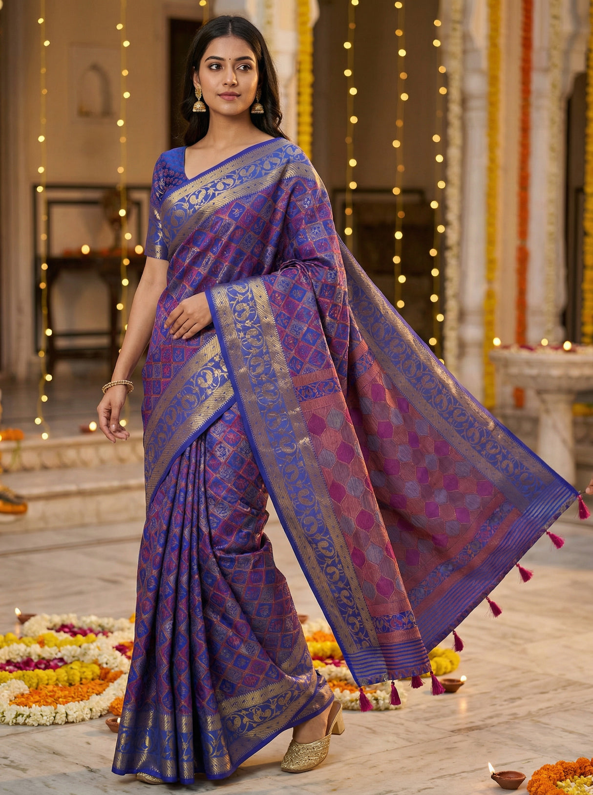 MIMOSA Women's Woven Design Patola Style Raw Silk Saree with Blouse Piece - Royal blue ( SA00003140RBFREE )