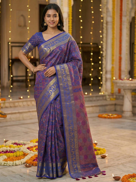 MIMOSA Women's Woven Design Patola Style Raw Silk Saree with Blouse Piece - Royal blue ( SA00003140RBFREE )