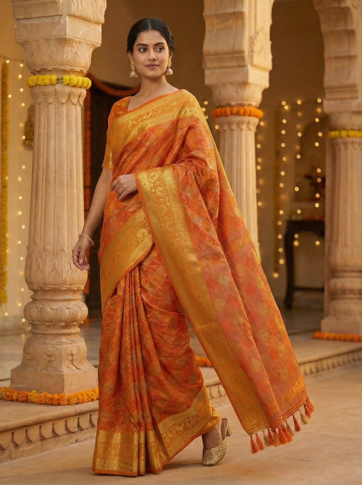 MIMOSA Women's Woven Design Patola Style Raw Silk Saree with Blouse Piece - Rust ( SA00003140RSFREE )