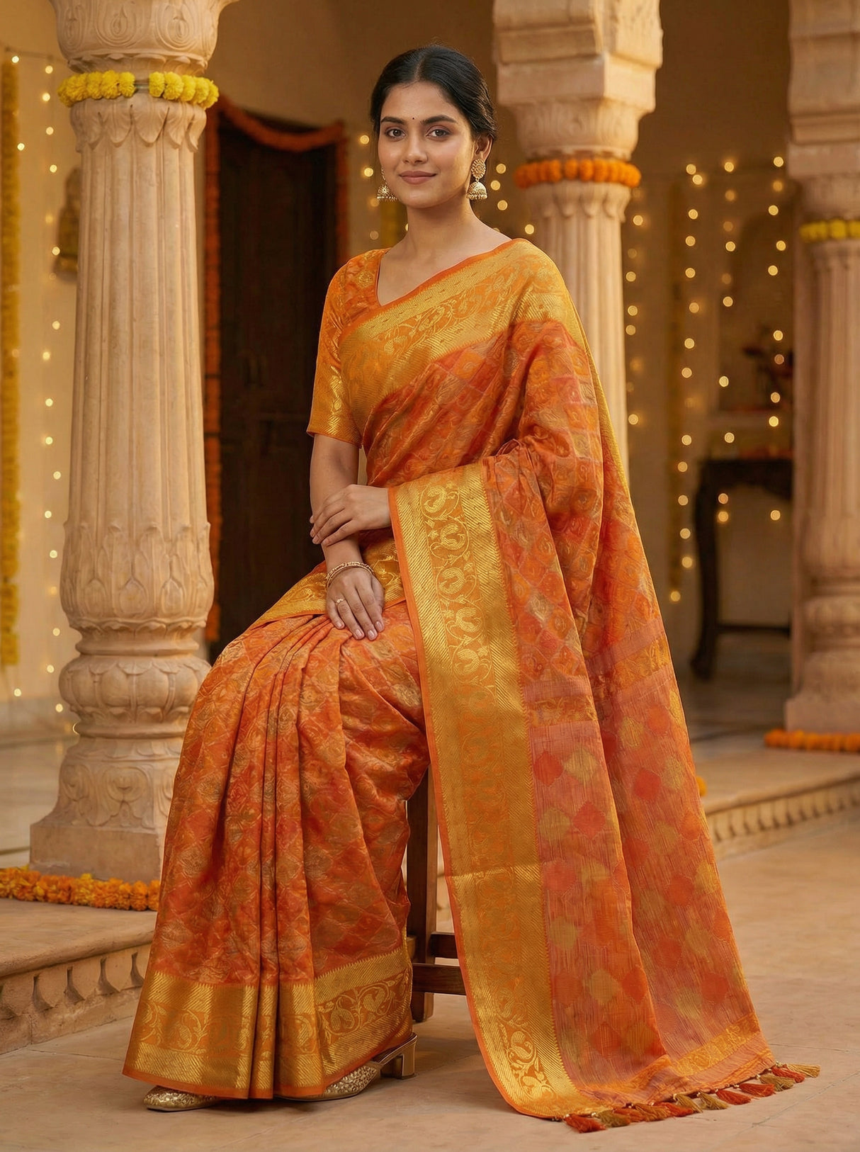 MIMOSA Women's Woven Design Patola Style Raw Silk Saree with Blouse Piece - Rust ( SA00003140RSFREE )