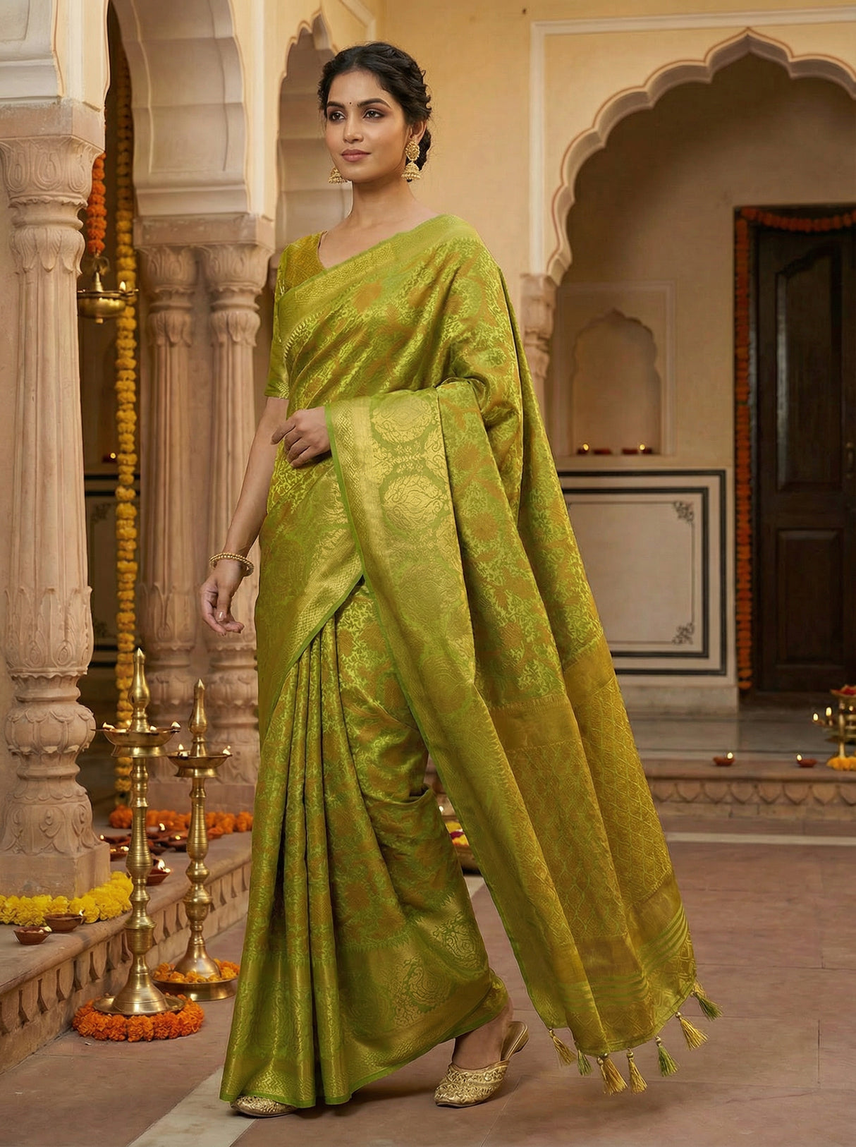 MIMOSA Women's Woven Design Kanjivaram Style Art Silk  Saree with Blouse Piece - Olive ( SA00003141OLFREE )