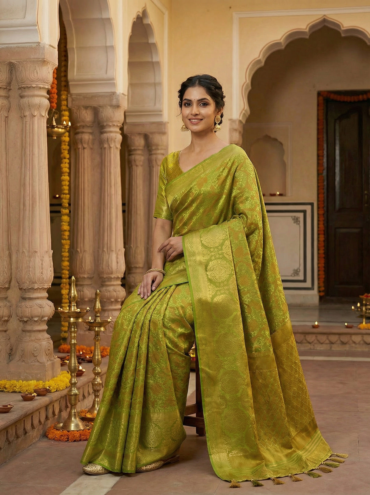 MIMOSA Women's Woven Design Kanjivaram Style Art Silk  Saree with Blouse Piece - Olive ( SA00003141OLFREE )