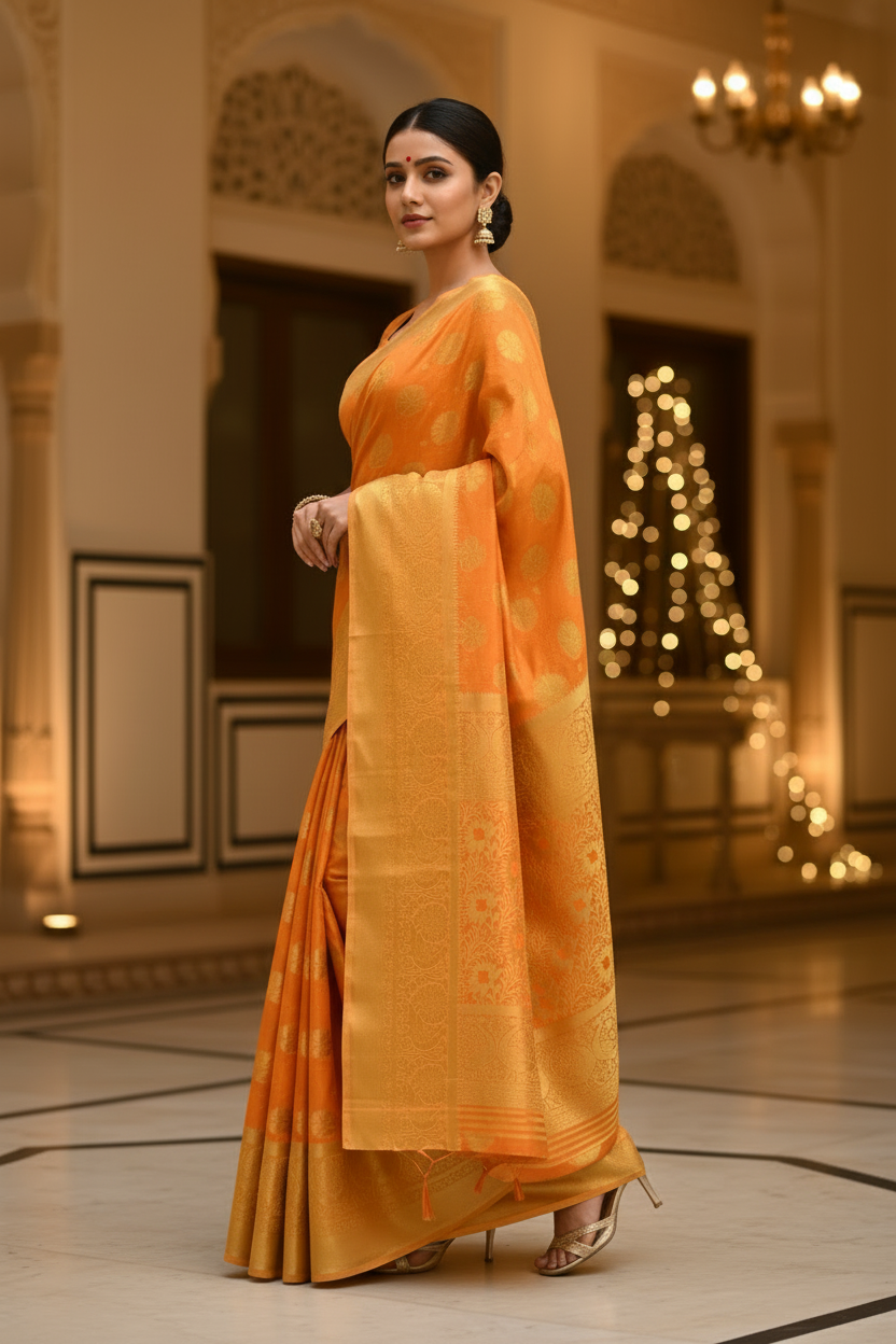 MIMOSA Women's Woven Design Kanjivaram Style Art Silk  Saree with Blouse Piece - Gold ( SA00003142GDFREE )